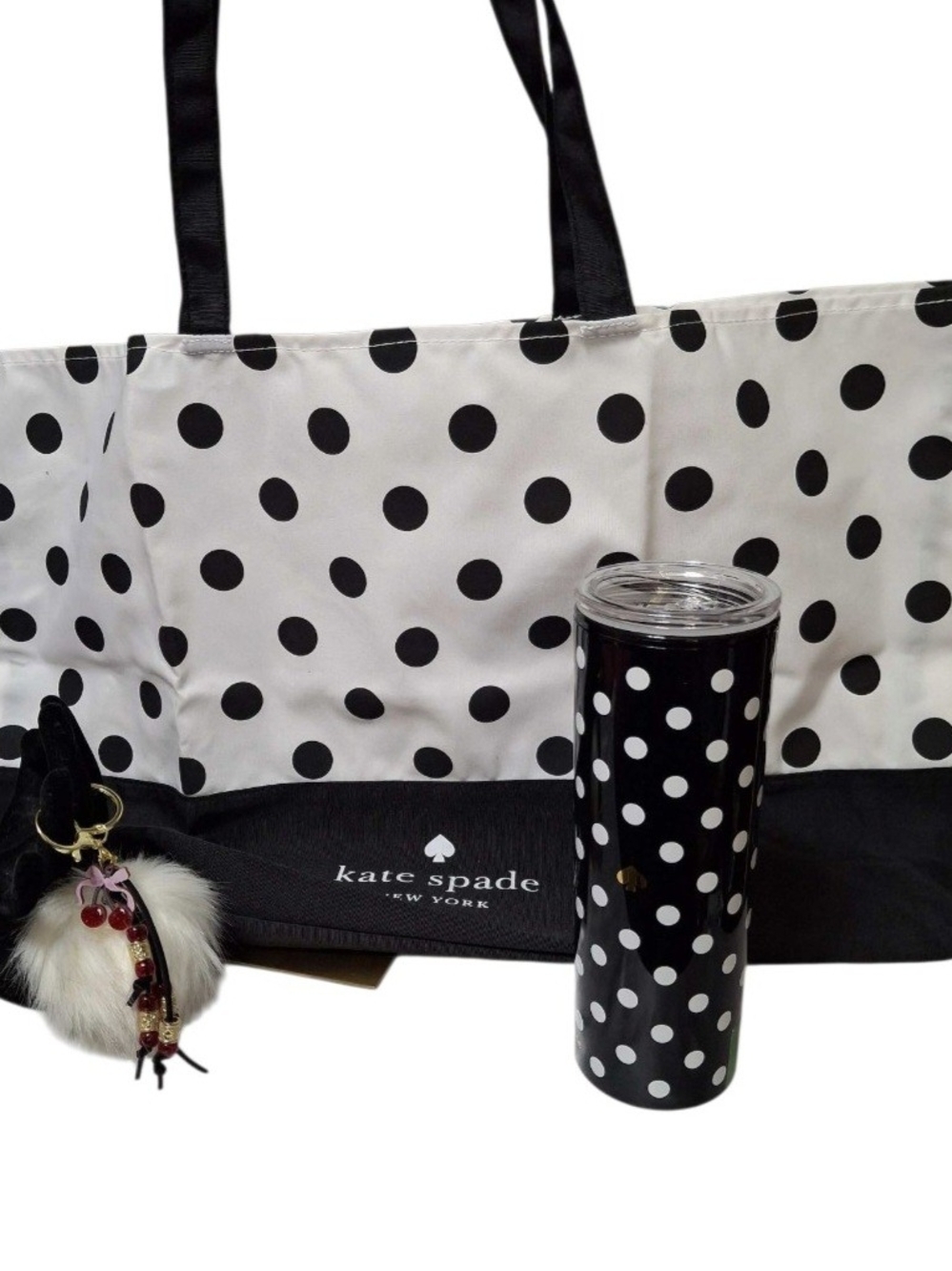 kate spade Black & White Polka Dot Tote + Tumbler + Custom Made Bag Charm Bundle